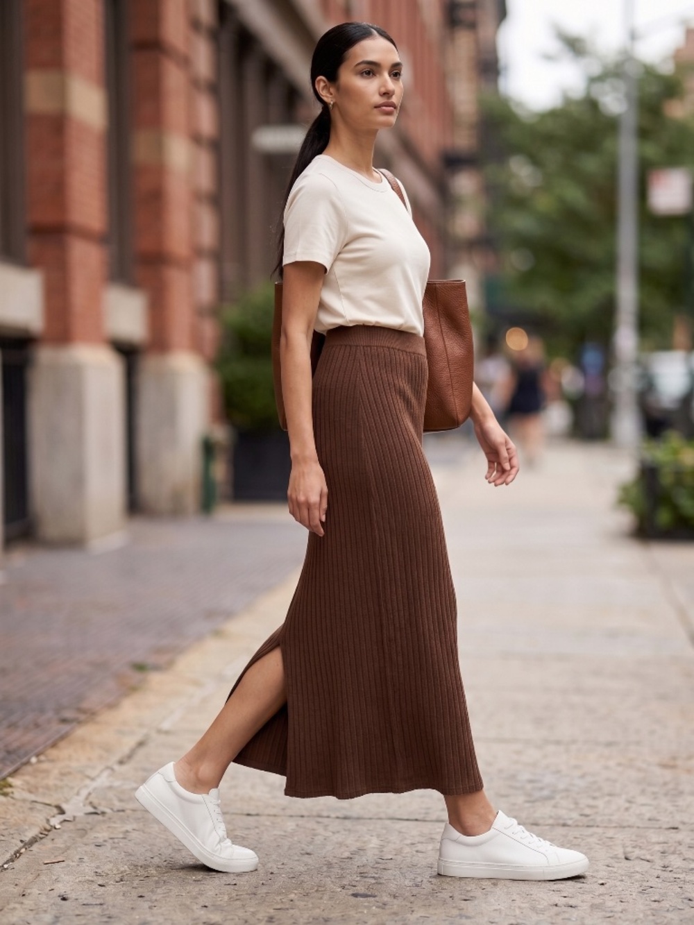 Z Supply Brown Ribbed Knit Back Slit Maxi Skirt Elastic Waist Size M